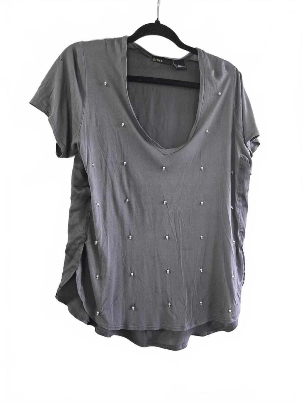 Gray Women's Short Sleeve Embellished Top with Satin Back